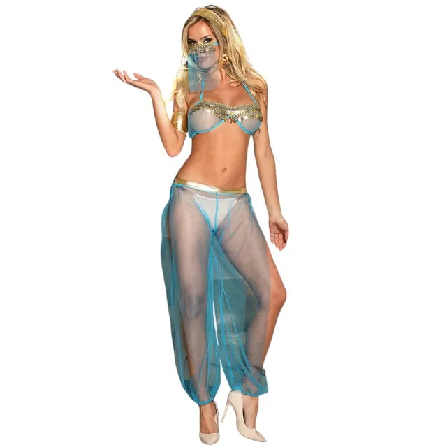 Costum sexy SUBBLIME India Style. set cu sutien. șalvari și accesorii. culoare albastru cu auriu. mărime S/M (model D-239899)