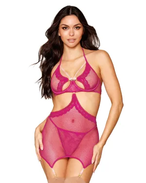Dreamgirl Fishnet and Scalloped Lace Trim Garter Slip and G-string Set