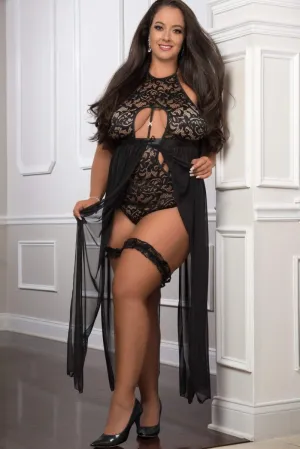 G World Queen Size 2pc Flyaway Slitted Long Dress Teddy w/ Laced Garters - OH2469PQ -  BLACK