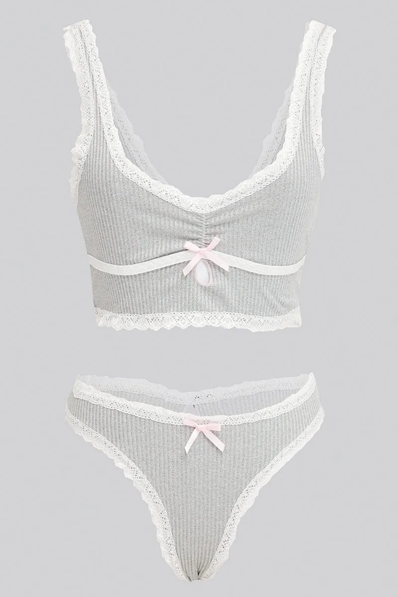 Grey Lace Trim Lingerie Set