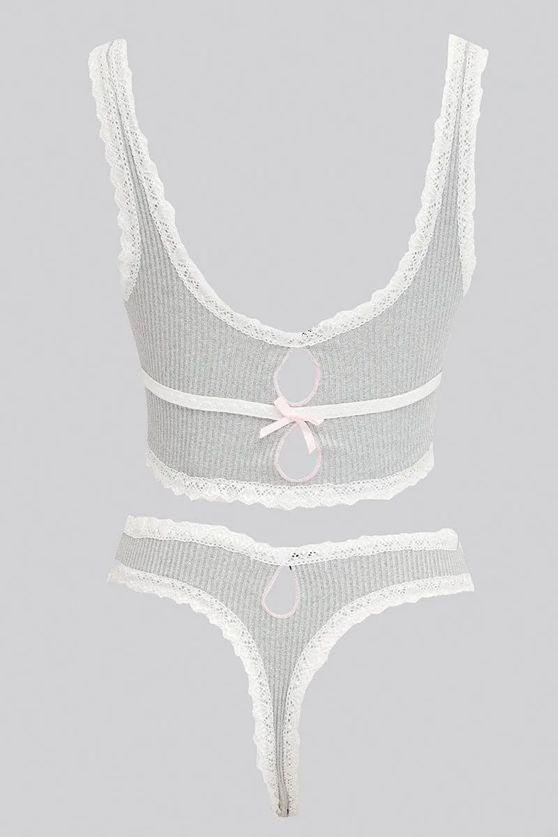Grey Lace Trim Lingerie Set