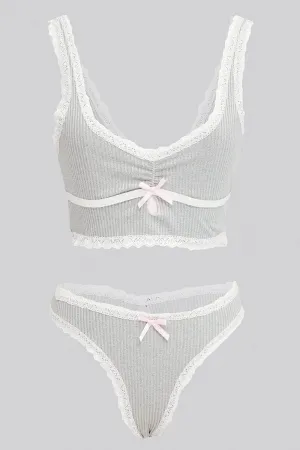 Grey Lace Trim Lingerie Set