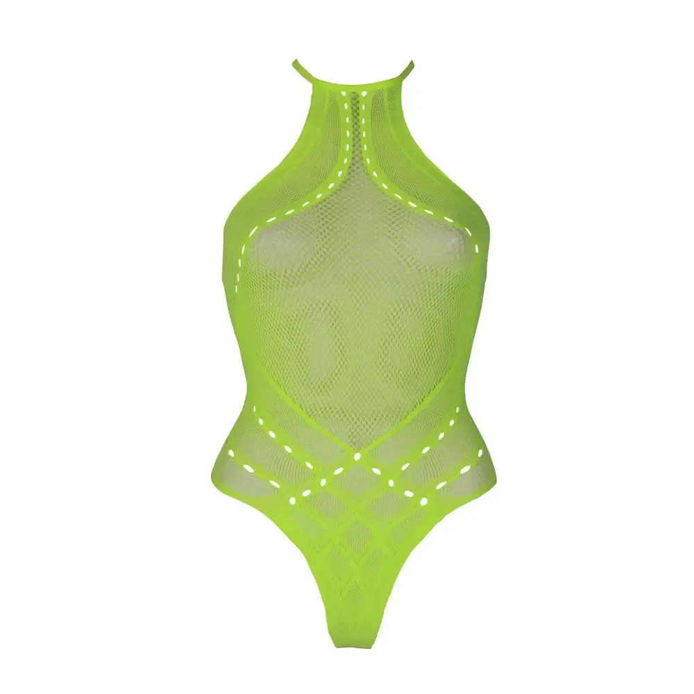Halter Tie Neck Bodysuit Neon Green Plus Size