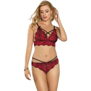 Lenjerie set 2 piese Subblime rosu si negru. model cu bustiera din dantela si chilot tanga. marime S/M