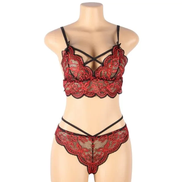 Lenjerie set 2 piese Subblime rosu si negru. model cu bustiera din dantela si chilot tanga. marime S/M