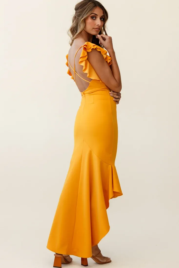 Pearl Ruffle Strap High-Low Hem Dress Mustard