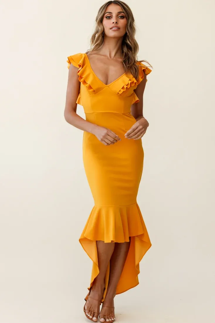 Pearl Ruffle Strap High-Low Hem Dress Mustard