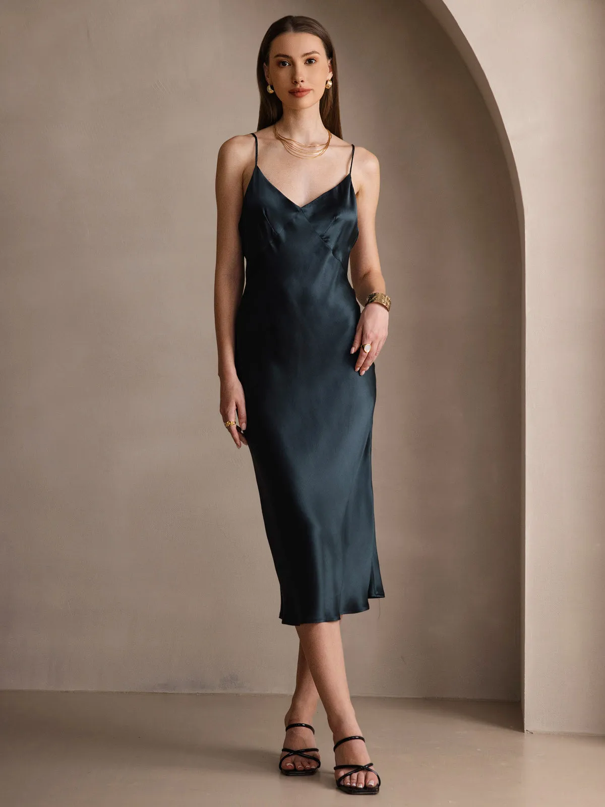 Pure Silk Deep V-Neck Backless Long Slip Dress