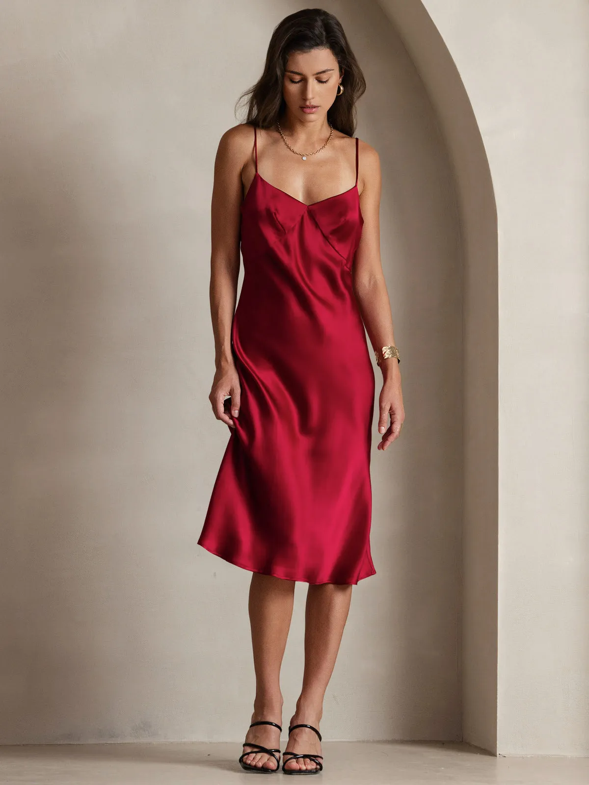 Pure Silk Deep V-Neck Backless Long Slip Dress