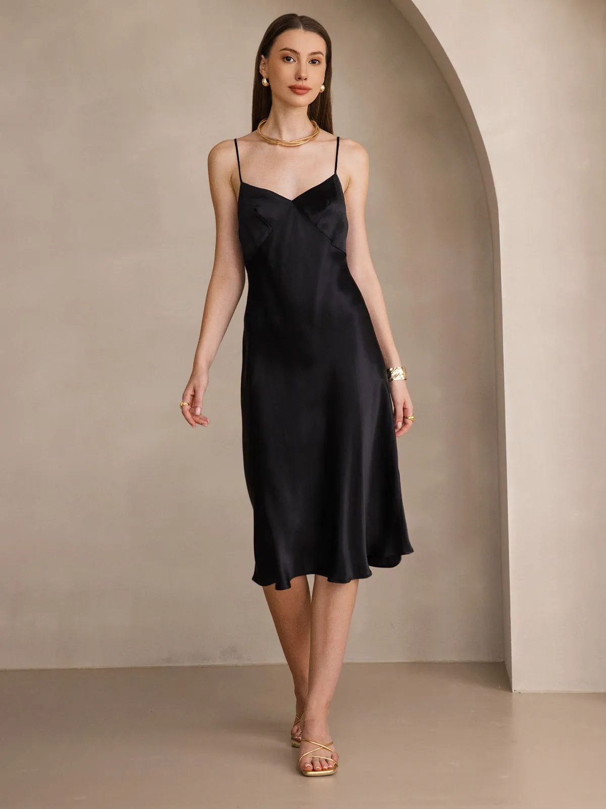 Pure Silk Deep V-Neck Backless Long Slip Dress