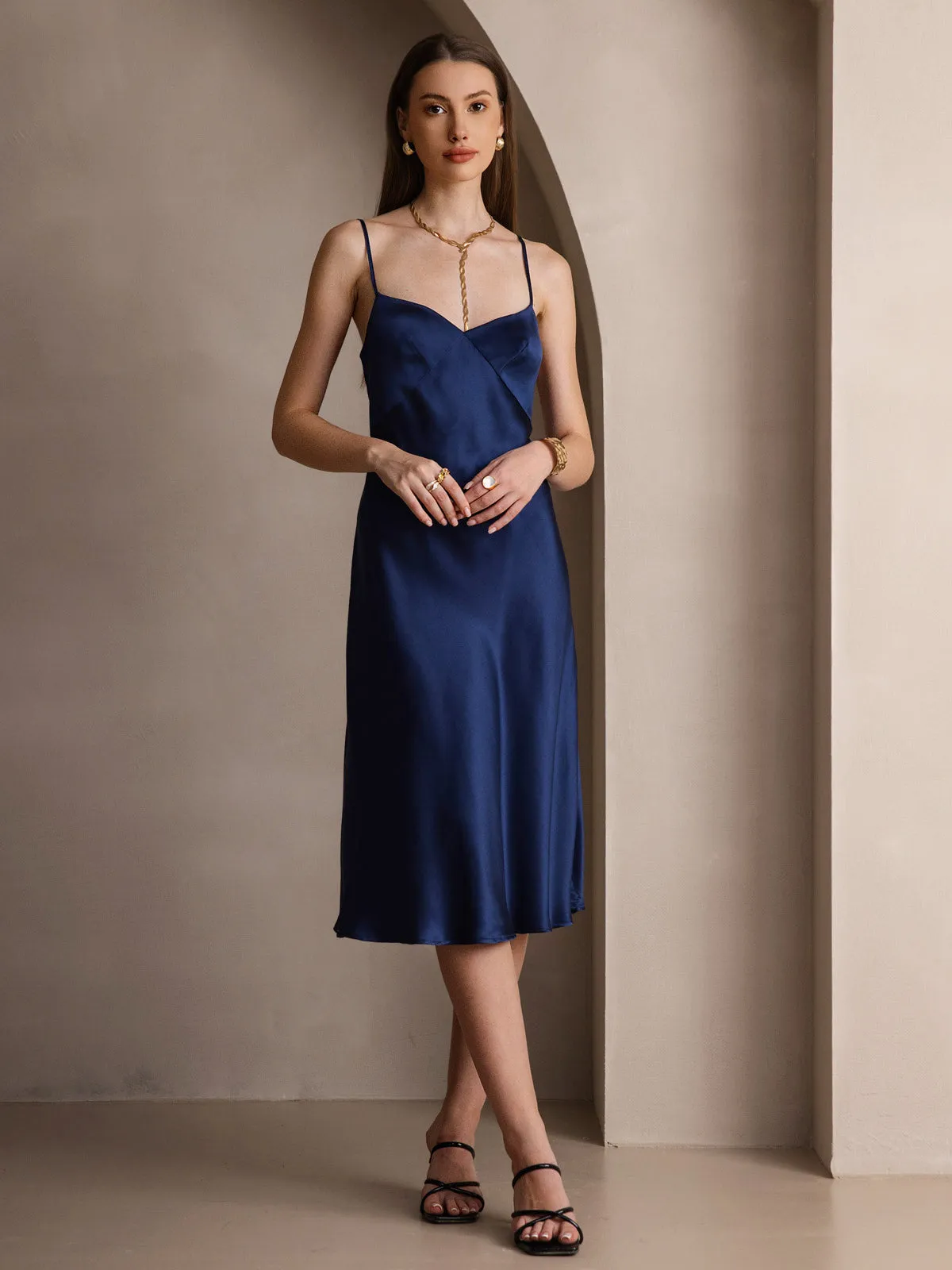 Pure Silk Deep V-Neck Backless Long Slip Dress