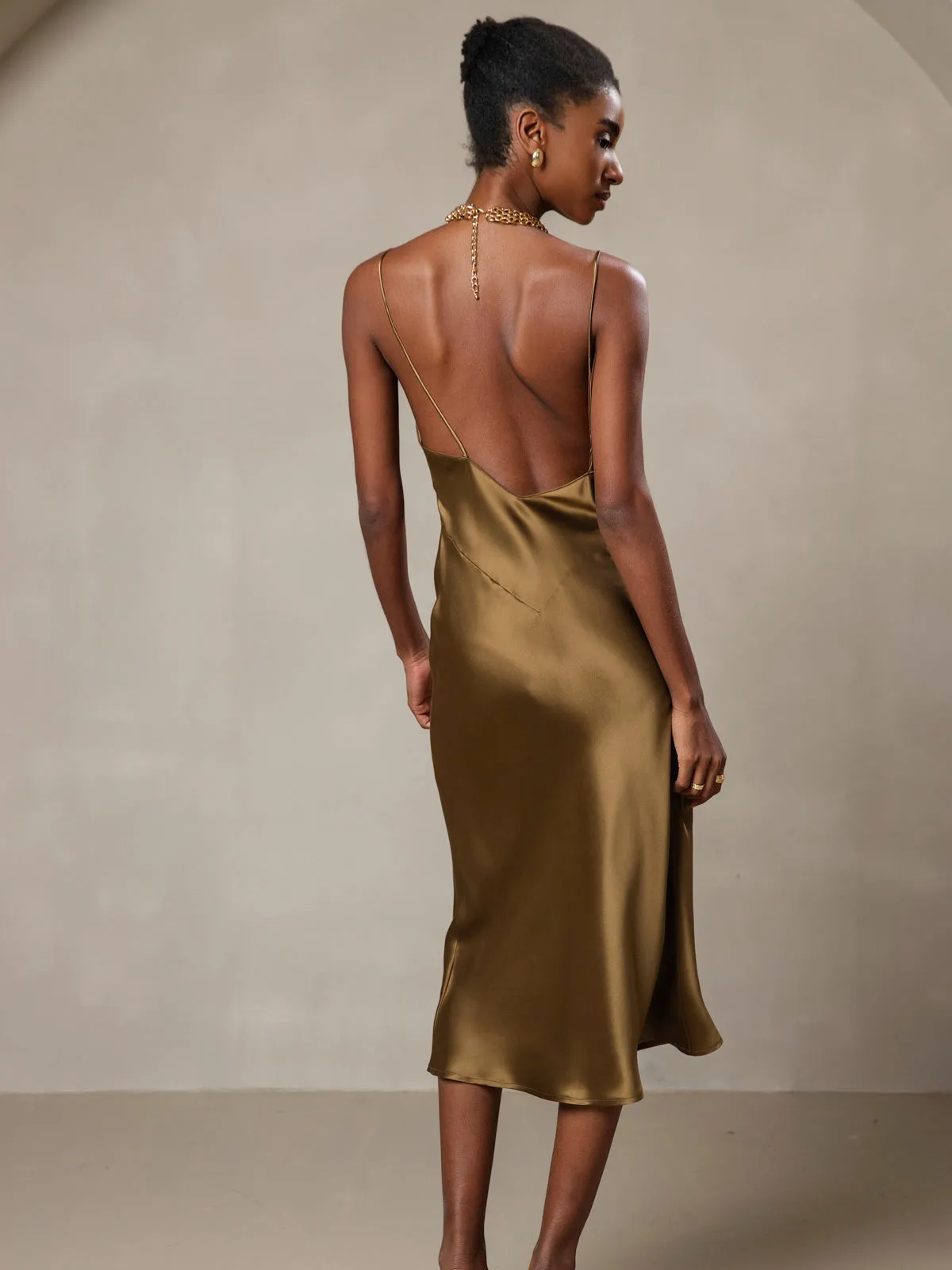 Pure Silk Deep V-Neck Backless Long Slip Dress
