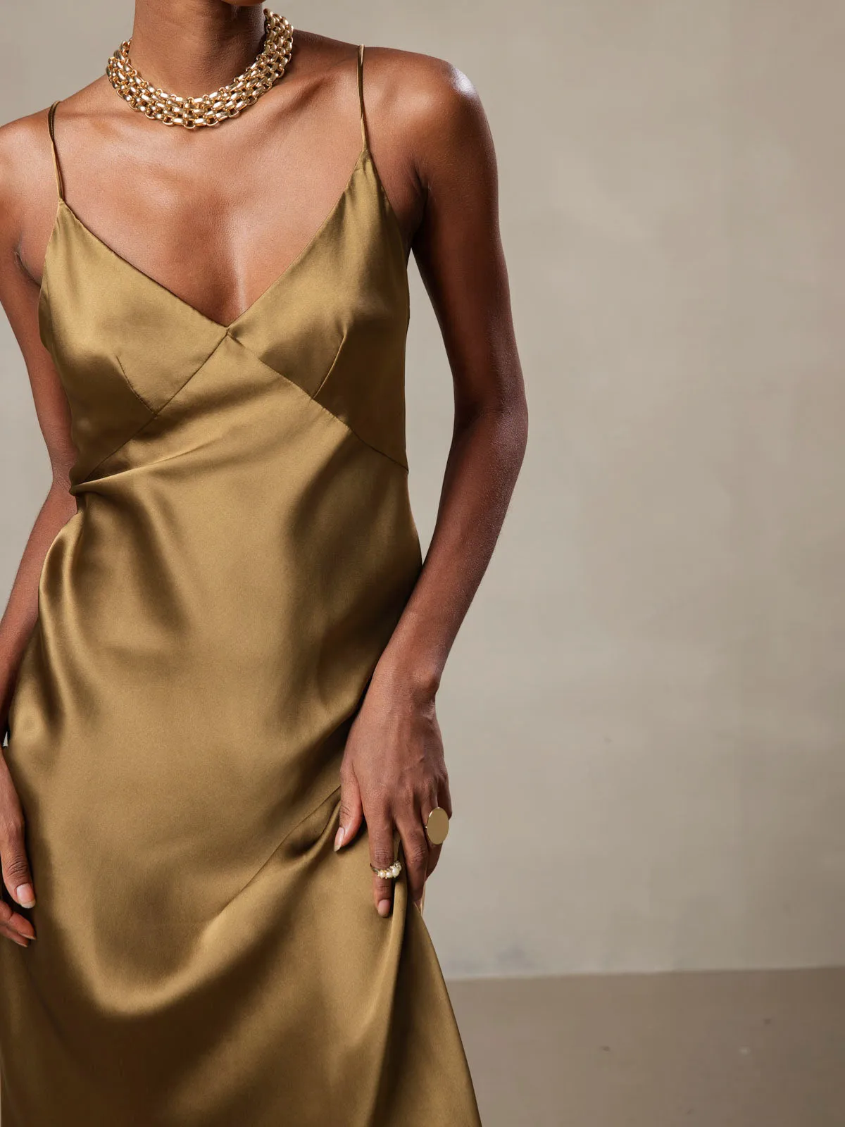 Pure Silk Deep V-Neck Backless Long Slip Dress