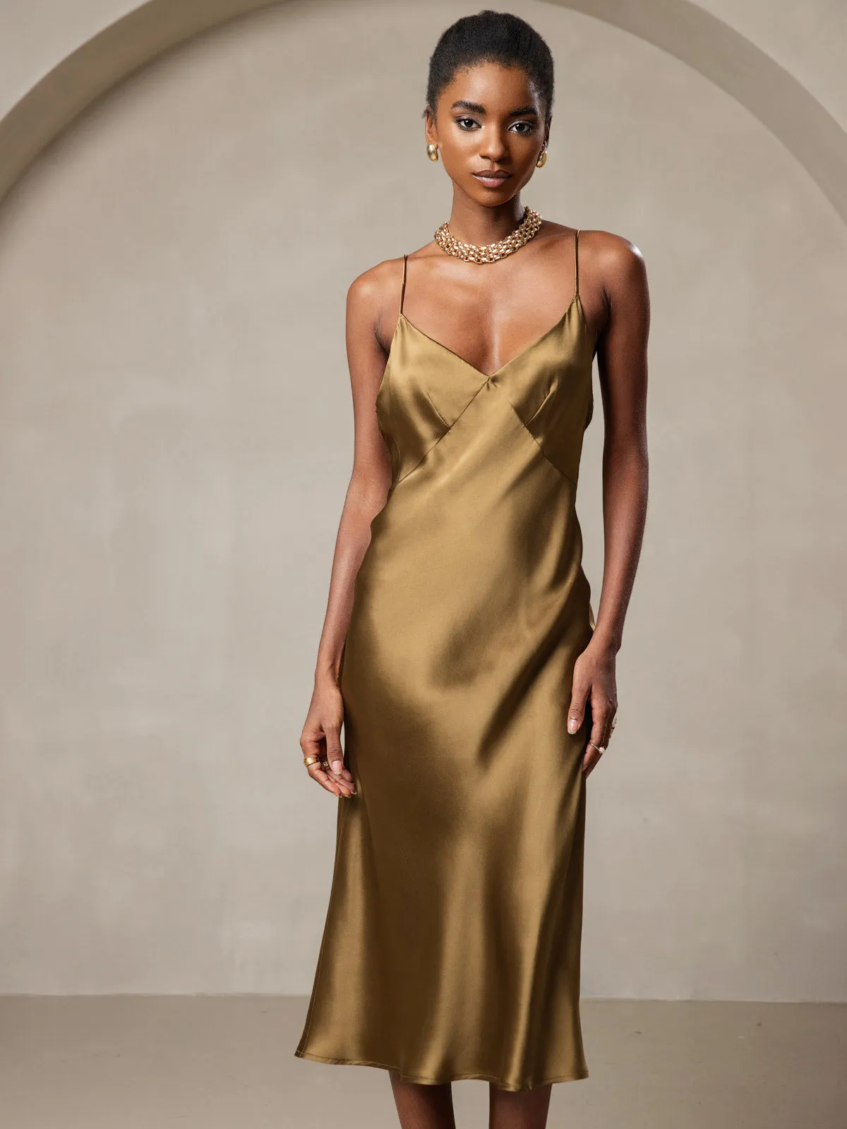 Pure Silk Deep V-Neck Backless Long Slip Dress