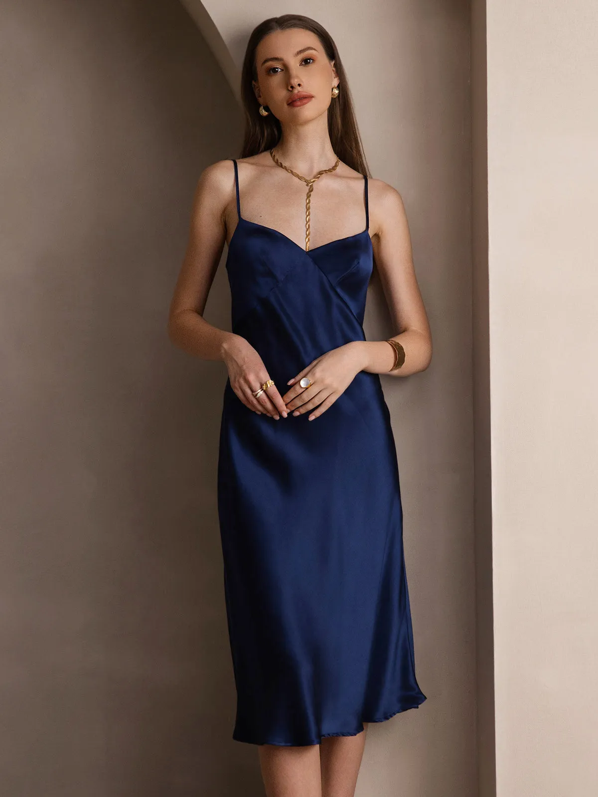 Pure Silk Deep V-Neck Backless Long Slip Dress