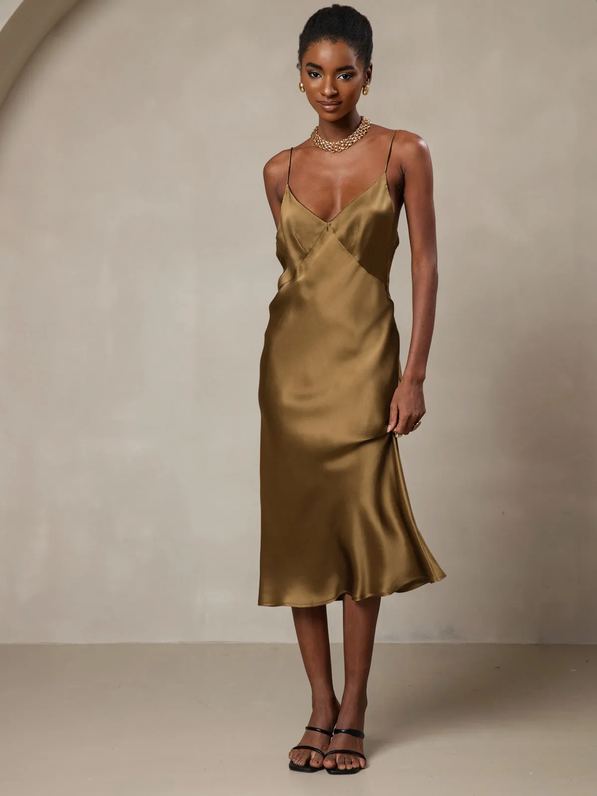 Pure Silk Deep V-Neck Backless Long Slip Dress