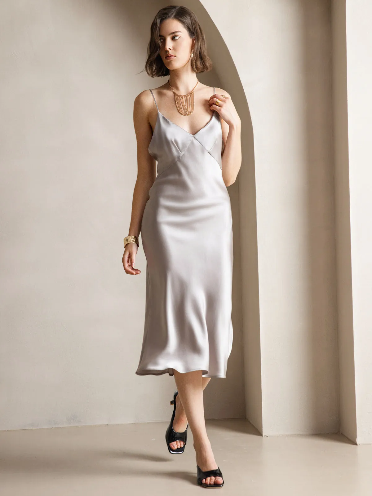 Pure Silk Deep V-Neck Backless Long Slip Dress