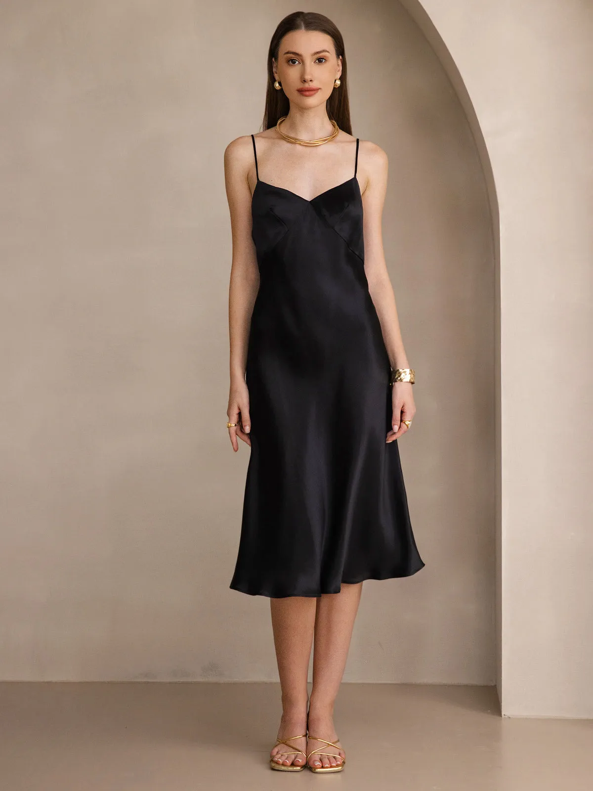 Pure Silk Deep V-Neck Backless Long Slip Dress