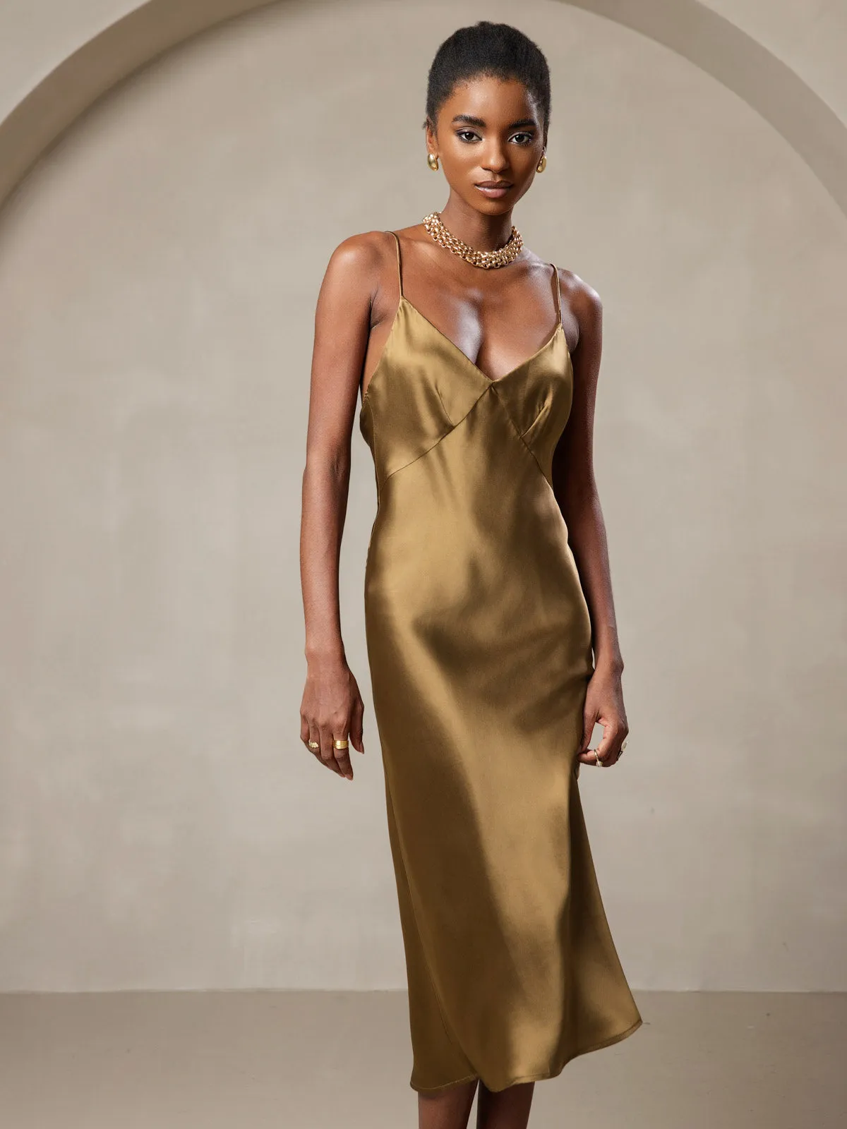 Pure Silk Deep V-Neck Backless Long Slip Dress
