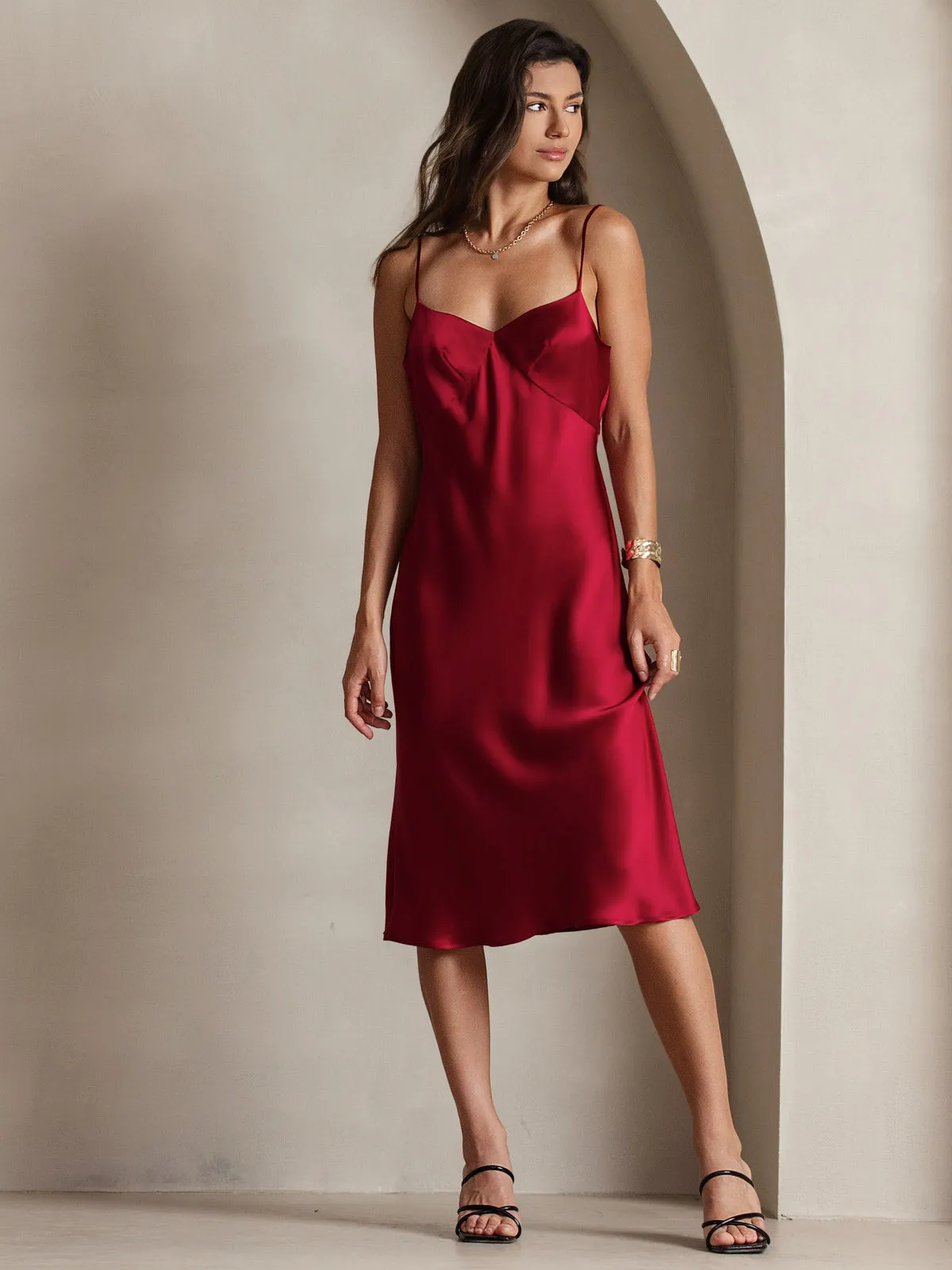 Pure Silk Deep V-Neck Backless Long Slip Dress