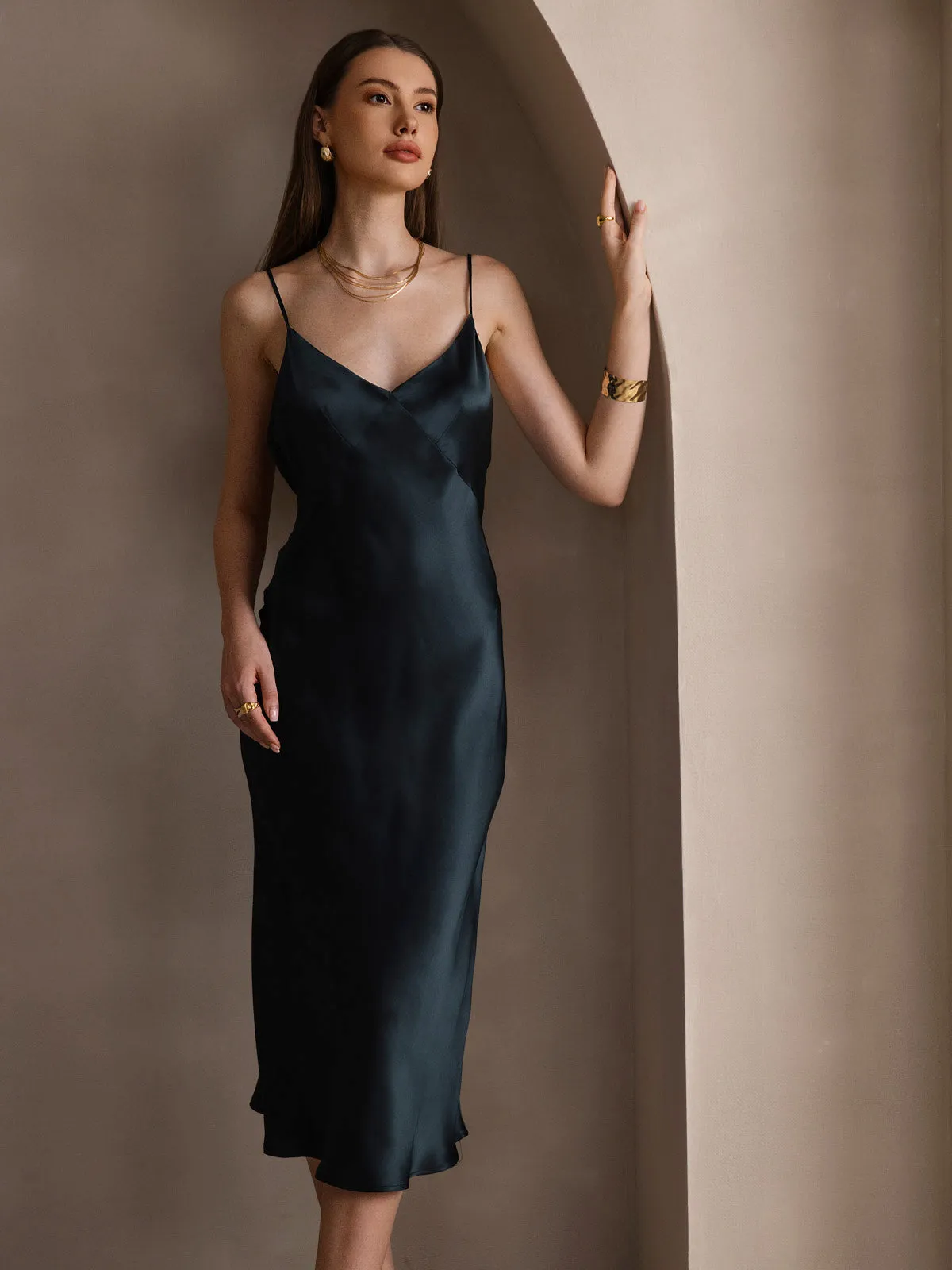 Pure Silk Deep V-Neck Backless Long Slip Dress