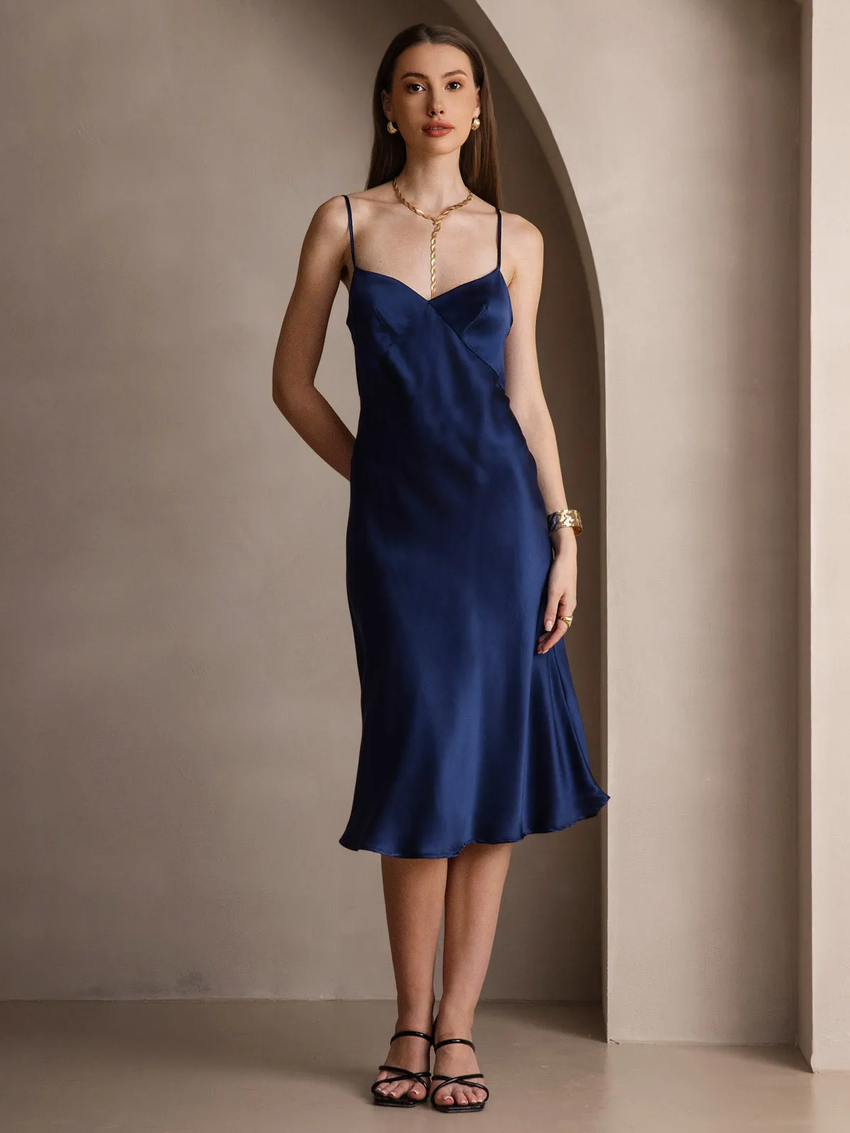 Pure Silk Deep V-Neck Backless Long Slip Dress