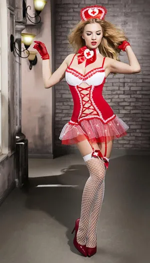 Red Nurse Costume with Fishnet Stockings and Accessories