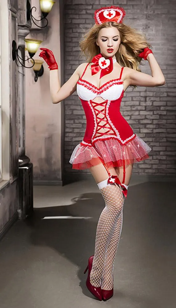 Red Nurse Costume with Fishnet Stockings and Accessories