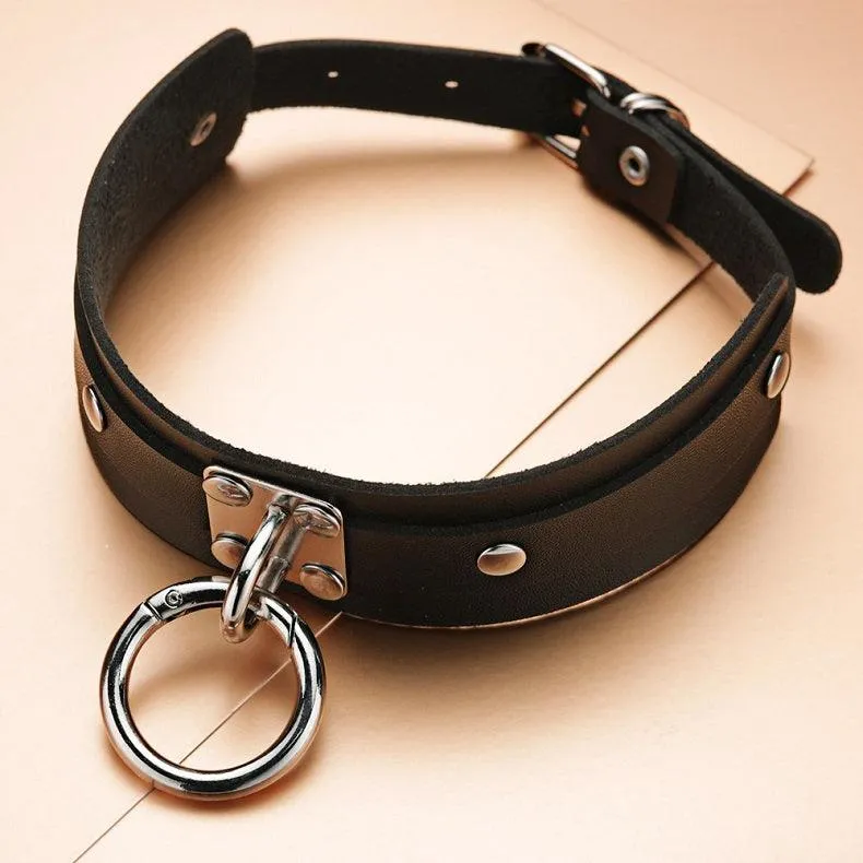 Sexy Punk Rock Emo Goth PU Leather & Silver Pull Ring Choker