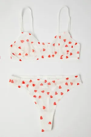 White Heart Print Mesh Lingerie Set