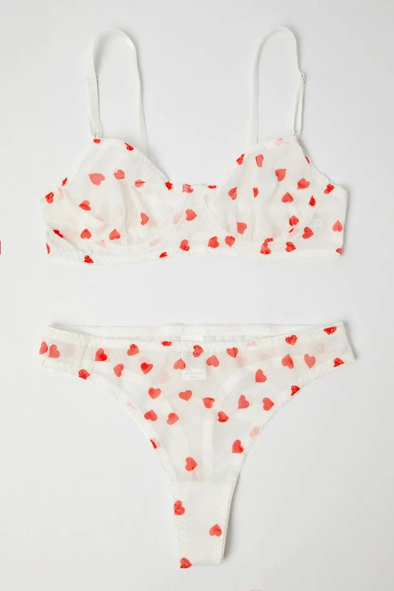 White Heart Print Mesh Lingerie Set
