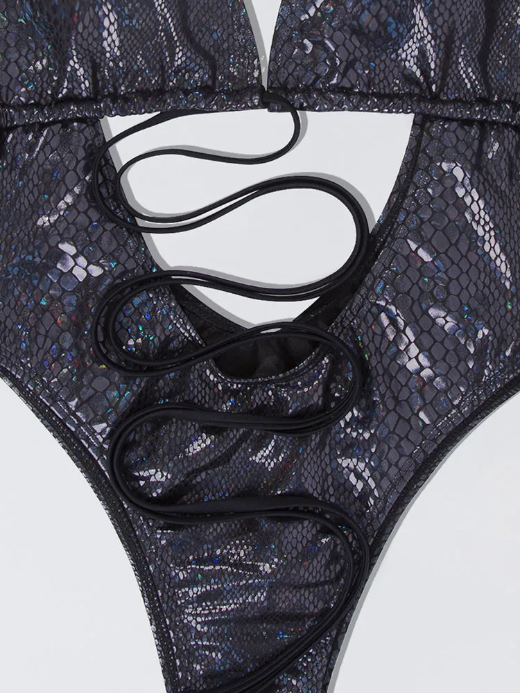 Women's Sexy Snakeskin One Piece Swimsuit Metallic Rave Outfit Bathing Suits