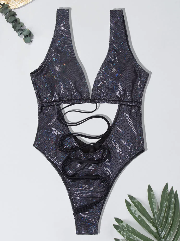 Women's Sexy Snakeskin One Piece Swimsuit Metallic Rave Outfit Bathing Suits