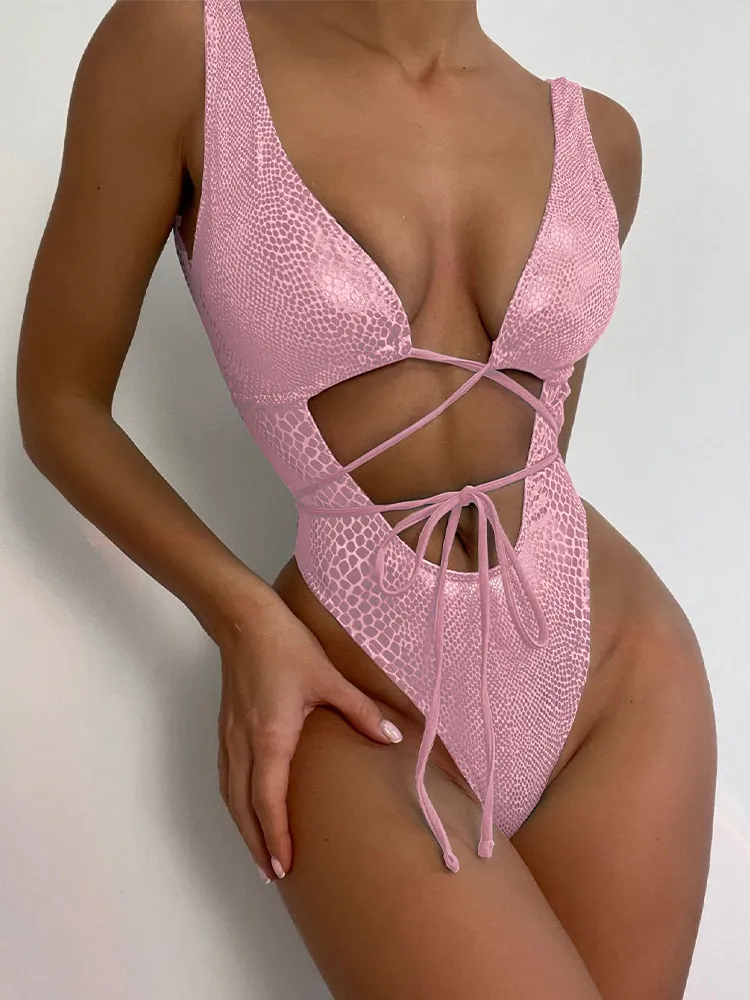 Women's Sexy Snakeskin One Piece Swimsuit Metallic Rave Outfit Bathing Suits
