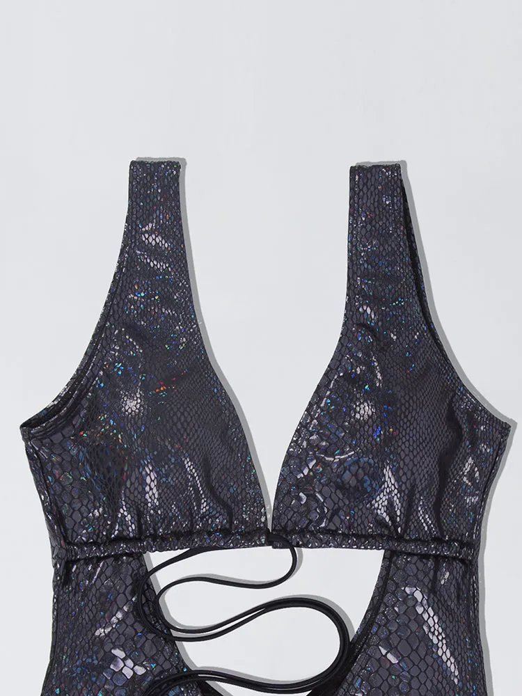 Women's Sexy Snakeskin One Piece Swimsuit Metallic Rave Outfit Bathing Suits
