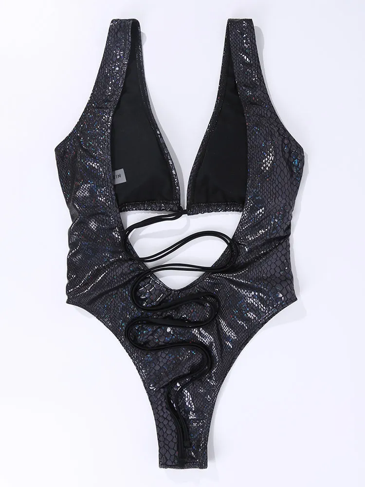 Women's Sexy Snakeskin One Piece Swimsuit Metallic Rave Outfit Bathing Suits
